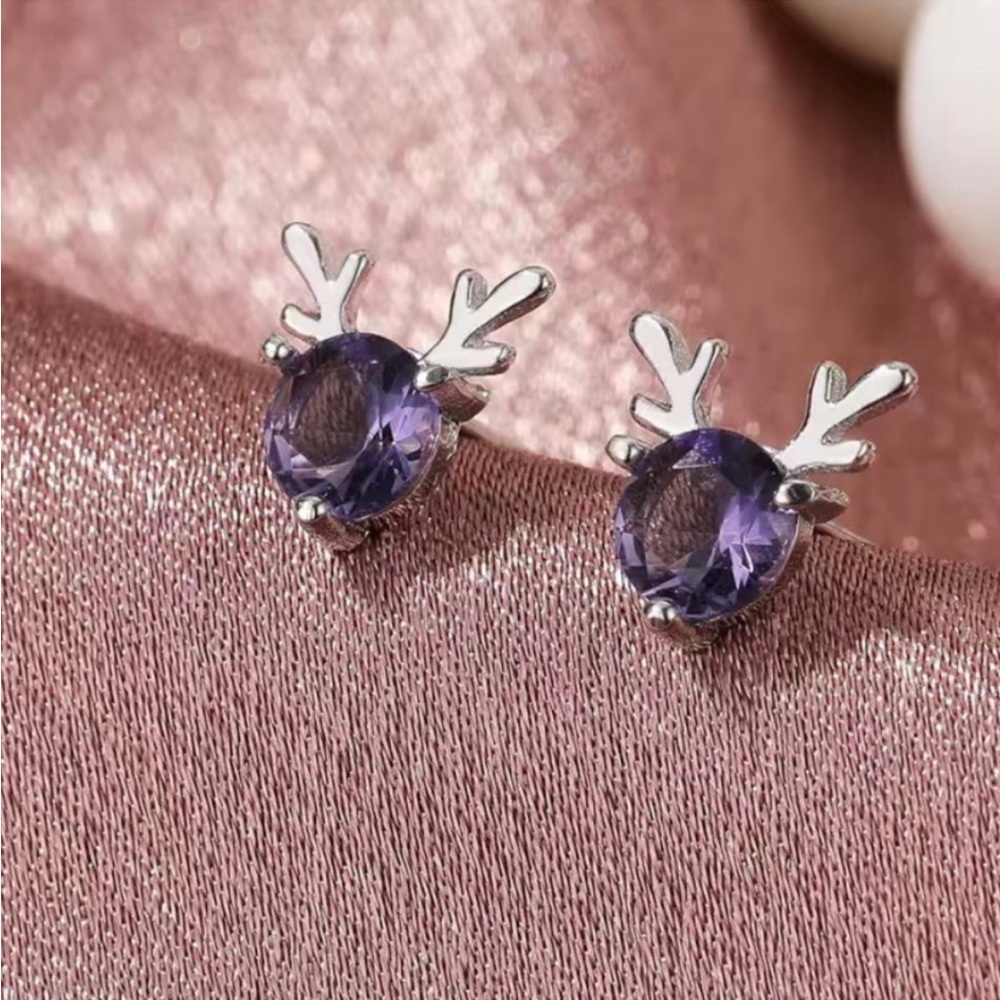 925 Sterling Silver Amethyst Reindeer Antler Earrings